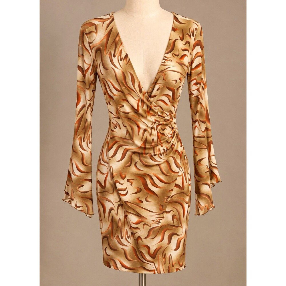 Unique Vintage Y2K Brown Swirl Print Ruched Deep V-Neck Mini Dress M RAG NWT!